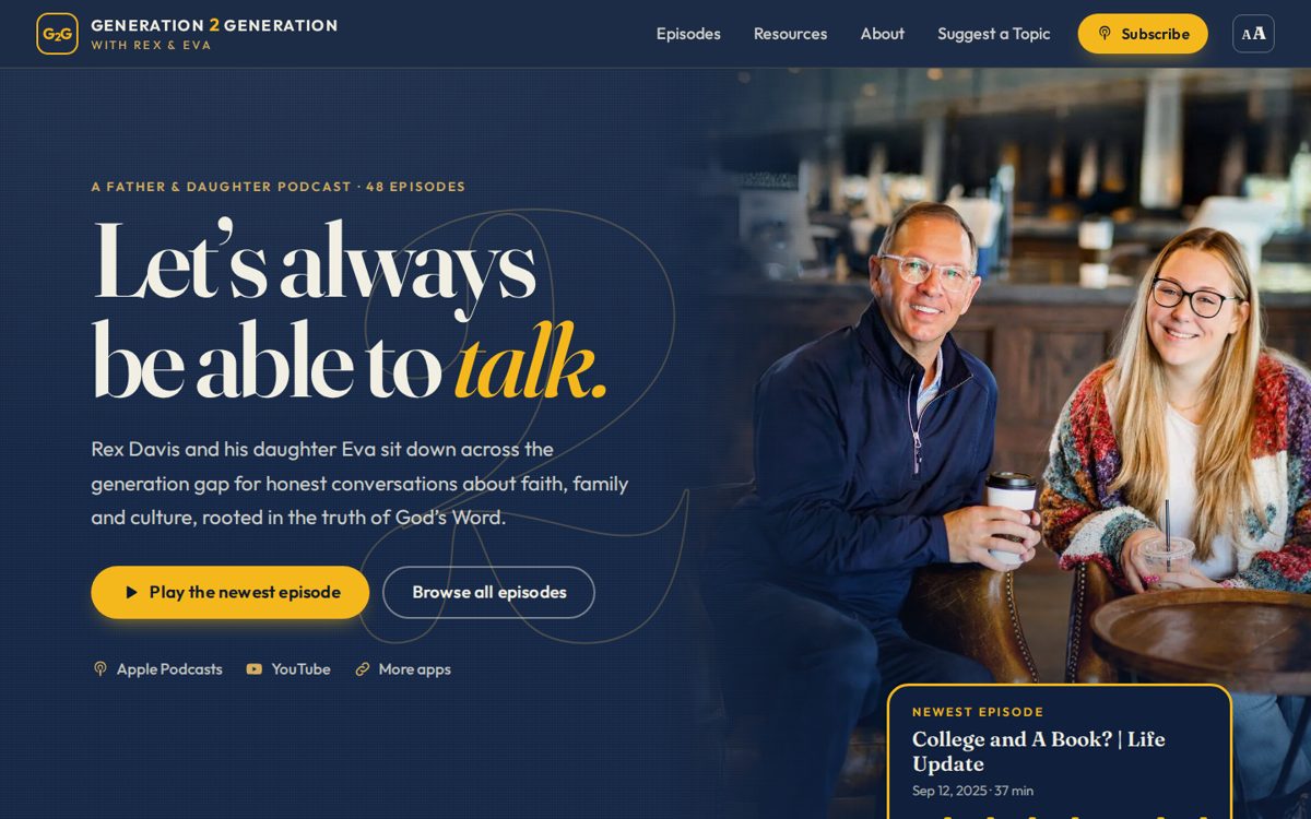 Homepage of the Generation 2 Generation podcast website